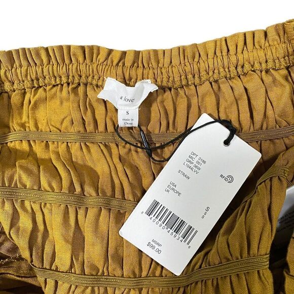 NWT A Loves A Straw Mustard Ruched Puff Long Sleeve Cropped Blouse Linen Blend S - Picture 5 of 12